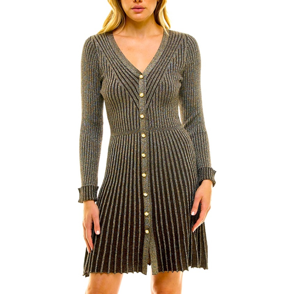 New Taylor   Metallic-Knit Button-Front Dress